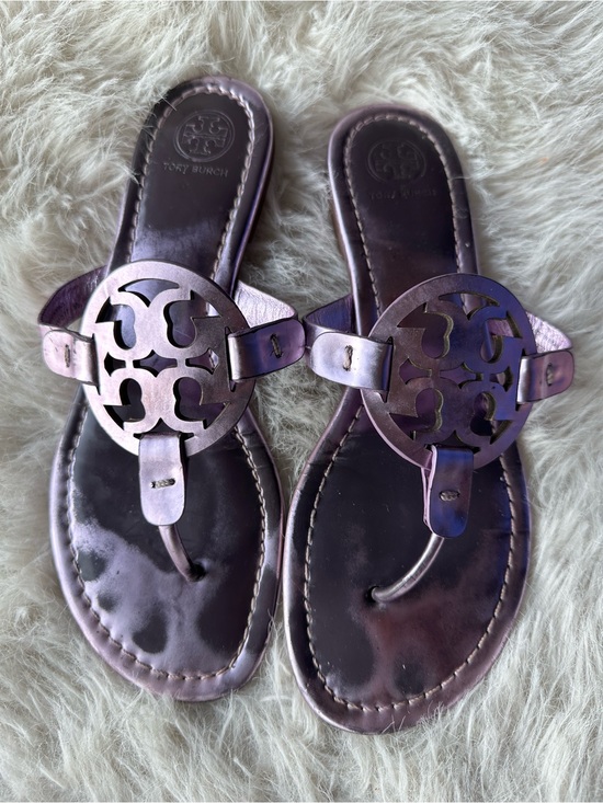 Tory Burch Shoes - Tory Burch Iridescent Purple Miller Logo Thong Sandals eggplant patent leather